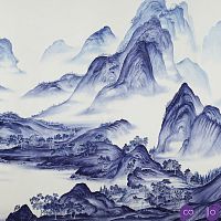 Обои ручная роспись A Thousand Li of Rivers and Mountains Delft on Bleached White dyed silk
