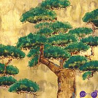 Обои ручная роспись Pine Trees Original colourway on Old Gold gilded paper with pearlescent antiquing