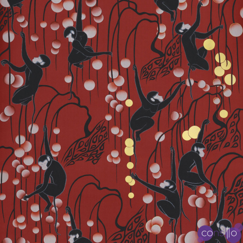 Обои ручная роспись Deco Monkeys Shanghai on Scarlet Lady dyed silk