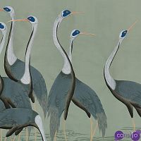 Обои ручная роспись Sarus Cranes Colourway SC-206 on Blue Grey dyed silk