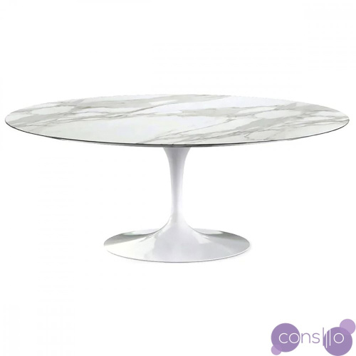 Обеденный стол белый овальный с топом керамогранит Calacatta 180х100 см Apriori T