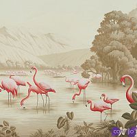 Обои ручная роспись Flamingos Flamingo on Sepia scenic paper