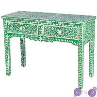 Стол рабочий зеленый орнамент кость BONE INLAY CONSOL TABLE 2 DRAWER