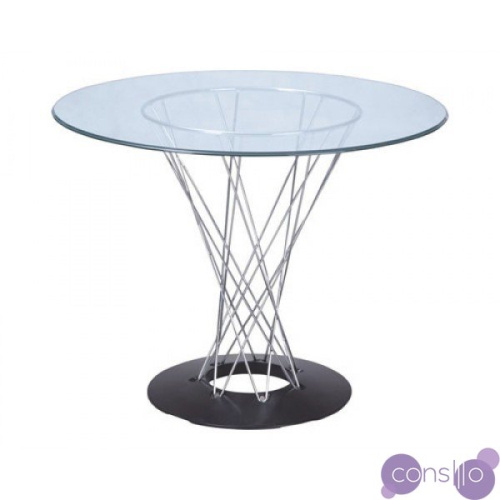 Обеденный стол стеклянный круглый на основании хром 120 см Noguchi Cyclone Glass