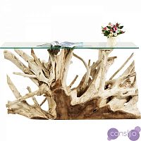 Консоль деревянная с фигурным основанием из корней дерева и стеклянной столешницей Roots