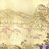 Обои ручная роспись Flamingos Flamingo on Deep Rich Gold gilded paper