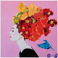 Картина Audrey with Flower Bouquet Headdress, Blue Bird, and Pink Background