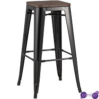 Барный Стул без Спинки Черный Матовый Металл  Деревянное Сидение