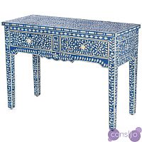 Стол рабочий синий орнамент кость BONE INLAY CONSOL TABLE 2 DRAWER