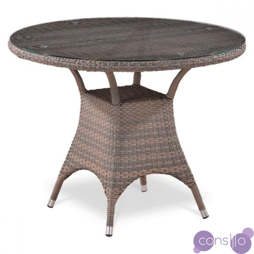 Плетеный стол круглый искусственный ротанг, столешница из закаленного стекла, светло-коричневый диам