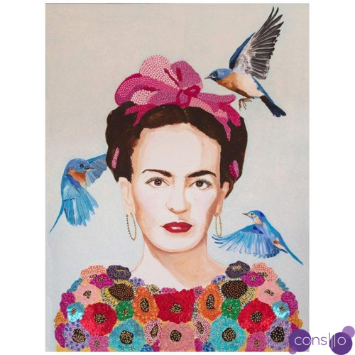 Картина “Frida with Bedazzled Flower Dress and Three Blue Birds”