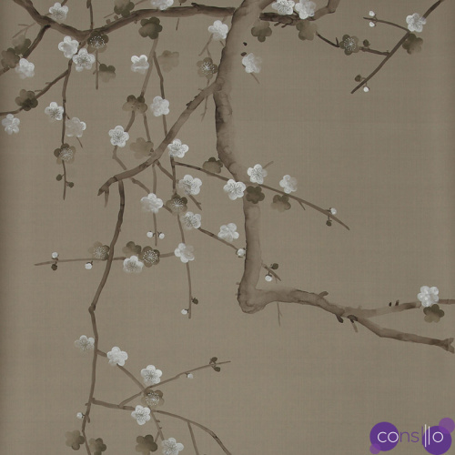 Обои ручная роспись Plum Blossom Colourway SC-232 on Lead Grey dyed silk